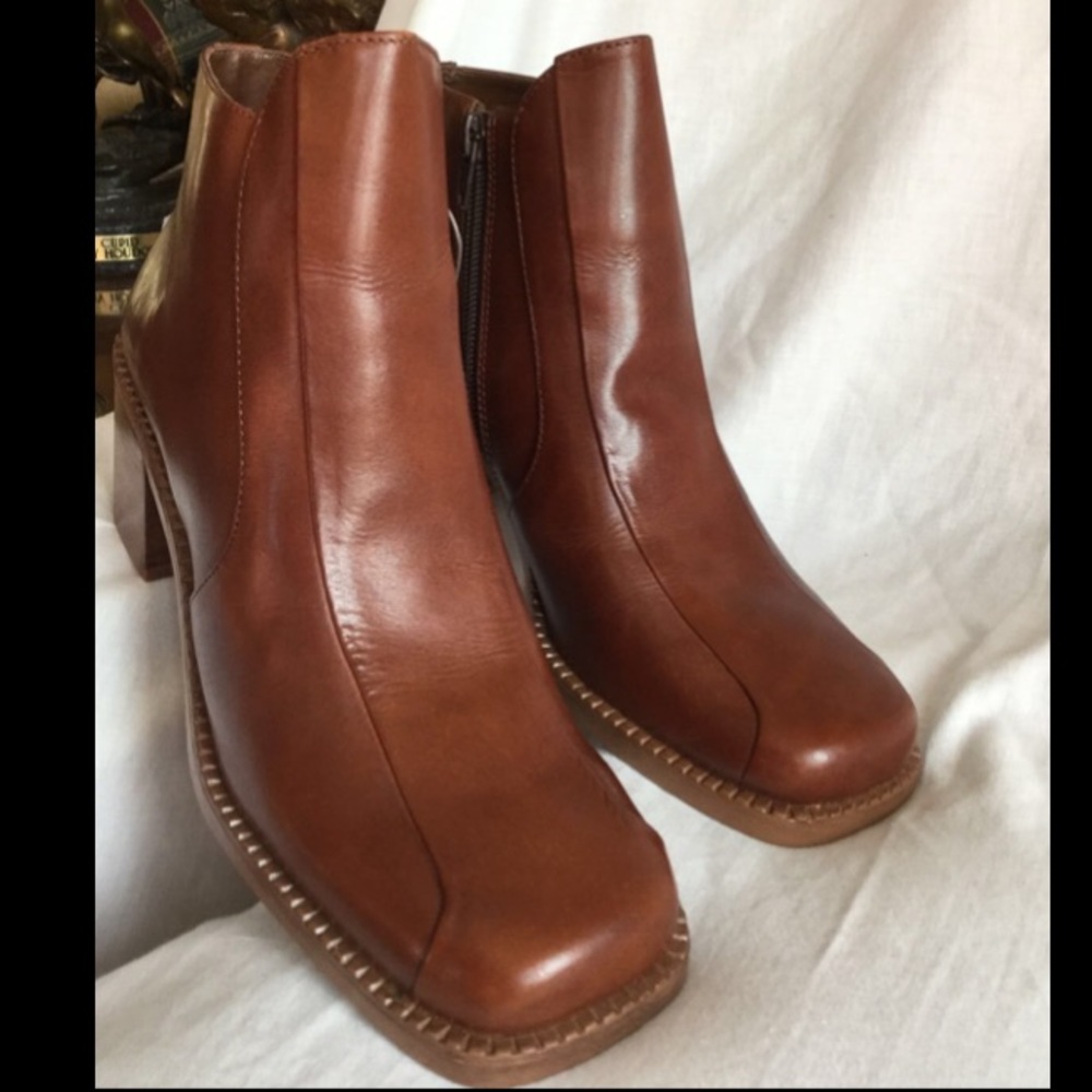 VNTG 90’s SQUARE Toe LEATHER Ankle BOOTS Booties Brazil~Chestnut 7M Never Worn! - Picture 8 of 12